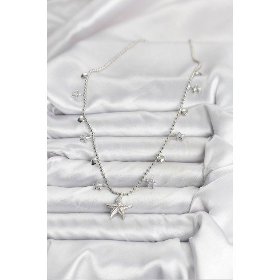 Pirinç Gümüş Renk Zirkon Taşlı Deniz Yıldızı Model Kadın Kolye