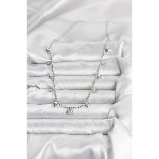 Pirinç Gümüş Renk Zirkon Taşlı Deniz Kabuğu Model Kadın Kolye