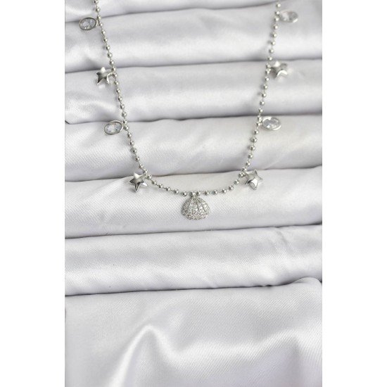 Pirinç Gümüş Renk Zirkon Taşlı Deniz Kabuğu Model Kadın Kolye