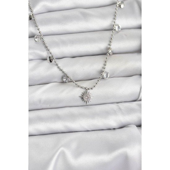 Zirkon Taşlı Kutup Yıldızı Model Pirinç Gümüş Renk Kadın Kolye