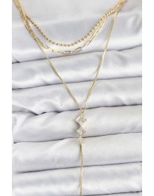 Pirinç Gold Renk Zirkon Taş Detaylı 3'lü Kombin Y Kadın Kolye