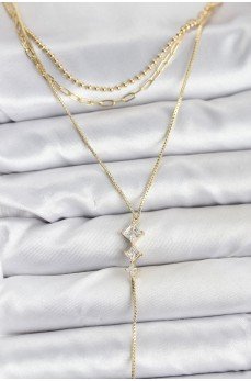 Pirinç Gold Renk Zirkon Taş Detaylı 3'lü Kombin Y Kadın Kolye