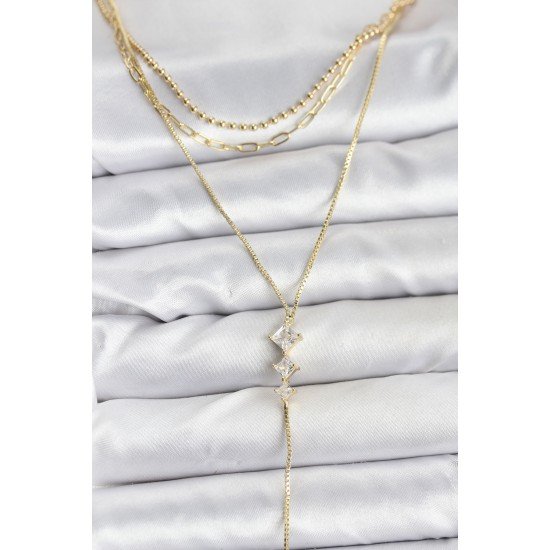 Pirinç Gold Renk Zirkon Taş Detaylı 3'lü Kombin Y Kadın Kolye Pirinç Gold Renk Zirkon Taş Detaylı 3'lü Kombin Y Kadın Kolye