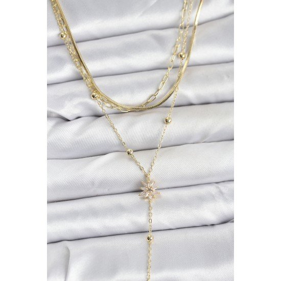 Pirinç Gold Renk Kutup Yıldızı Model Detaylı 3'lü Kombin Y Kadın Kolye