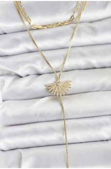 Pirinç Gold Renk Zirkon Taşlı Yelpaze Model Detaylı 3'lü Kombin Y Kadın Kolye