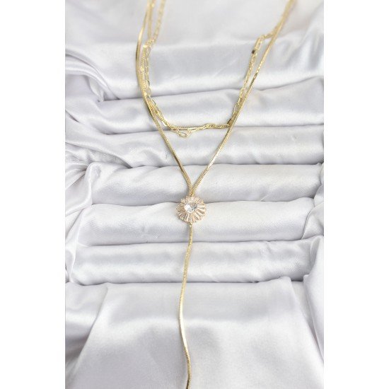 Pirinç Gold Renk Zirkon Taşlı Papatya Model Detaylı 3'lü Kombin Y Kadın Kolye Pirinç Gold Renk Zirkon Taşlı Papatya Model Detaylı 3'lü Kombin Y Kadın Kolye