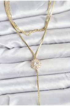Pirinç Gold Renk Zirkon Taşlı Papatya Model Detaylı 3'lü Kombin Y Kadın Kolye