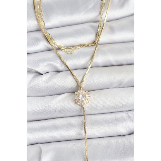 Pirinç Gold Renk Zirkon Taşlı Papatya Model Detaylı 3'lü Kombin Y Kadın Kolye Pirinç Gold Renk Zirkon Taşlı Papatya Model Detaylı 3'lü Kombin Y Kadın Kolye