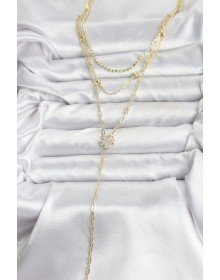 Pirinç Gold Renk Zirkon Taşlı Çiçek Model Detaylı 3'lü Kombin Y Kadın Kolye