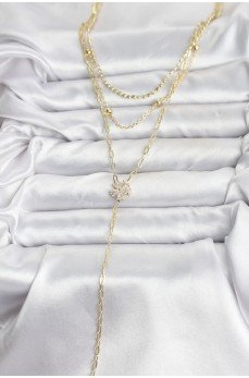 Pirinç Gold Renk Zirkon Taşlı Çiçek Model Detaylı 3'lü Kombin Y Kadın Kolye