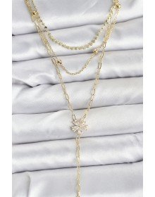 Pirinç Gold Renk Zirkon Taşlı Çiçek Model Detaylı 3'lü Kombin Y Kadın Kolye