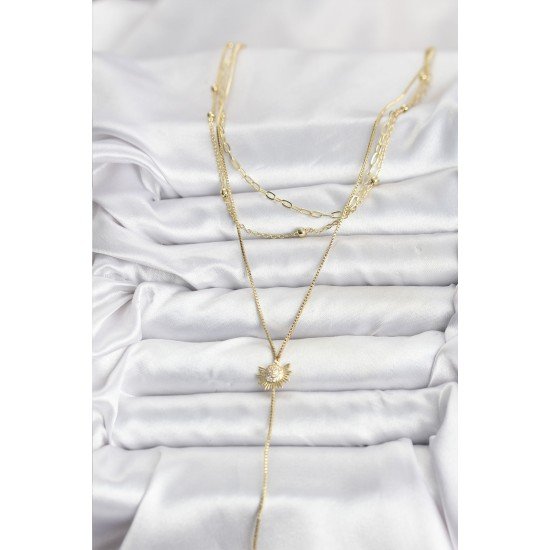 Pirinç Gold Renk Zirkon Taşlı Güneş Model Detaylı 3'lü Kombin Y Kadın Kolye Pirinç Gold Renk Zirkon Taşlı Güneş Model Detaylı 3'lü Kombin Y Kadın Kolye