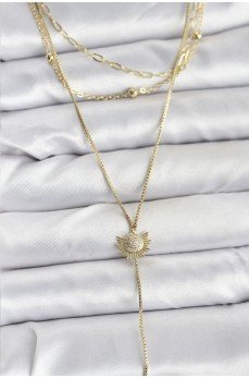 Pirinç Gold Renk Zirkon Taşlı Güneş Model Detaylı 3'lü Kombin Y Kadın Kolye