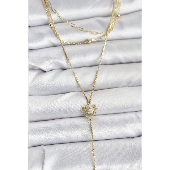 Pirinç Gold Renk Zirkon Taşlı Güneş Model Detaylı 3'lü Kombin Y Kadın Kolye Pirinç Gold Renk Zirkon Taşlı Güneş Model Detaylı 3'lü Kombin Y Kadın Kolye