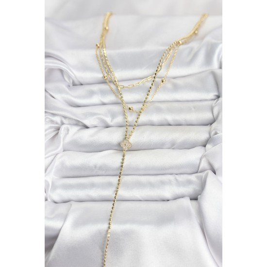 Pirinç Gold Renk Zirkon Taşlı Yonca Model Detaylı 3'lü Kombin Y Kadın Kolye Pirinç Gold Renk Zirkon Taşlı Yonca Model Detaylı 3'lü Kombin Y Kadın Kolye