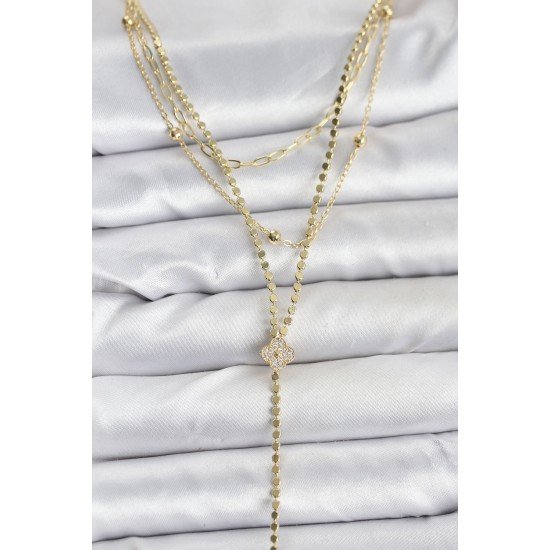 Pirinç Gold Renk Zirkon Taşlı Yonca Model Detaylı 3'lü Kombin Y Kadın Kolye Pirinç Gold Renk Zirkon Taşlı Yonca Model Detaylı 3'lü Kombin Y Kadın Kolye