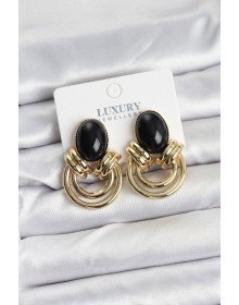 Pirinç Gold Renk Siyah Taşlı Vintage Kadın Küpe