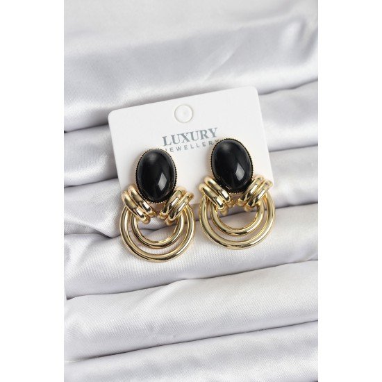 Pirinç Gold Renk Siyah Taşlı Vintage Kadın Küpe