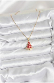 316L Çelik Zincir Gold Renk Kırmızı Çam Ağacı Model Yılbaşı Temalı Kadın Kolye