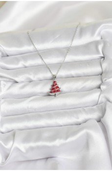 316L Çelik Zincir Gümüş Renk Kırmızı Çam Ağacı Model Yılbaşı Temalı Kadın Kolye
