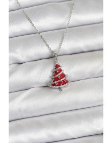 316L Çelik Zincir Gümüş Renk Kırmızı Çam Ağacı Model Yılbaşı Temalı Kadın Kolye