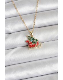 316L Çelik Zincir Gold Renk Kızak ve Çam Ağacı Figürlü Yılbaşı Temalı Kadın Kolye
