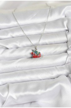 316L Çelik Zincir Gümüş Renk Kızak ve Çam Ağacı Figürlü Yılbaşı Temalı Kadın Kolye