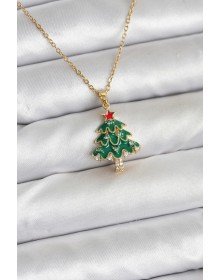 316L Çelik Zincir Gold Renk Çam Ağacı Model Yılbaşı Temalı Kadın Kolye