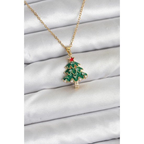 316L Çelik Zincir Gold Renk Çam Ağacı Model Yılbaşı Temalı Kadın Kolye