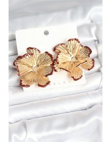 Pirinç Gold Renk Bordo Renk Detaylı Lotus Kadın Küpe