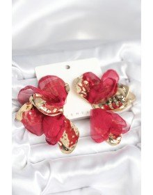 Pirinç Gold Renk Bordo Tüllü Lotus Kadın Küpe