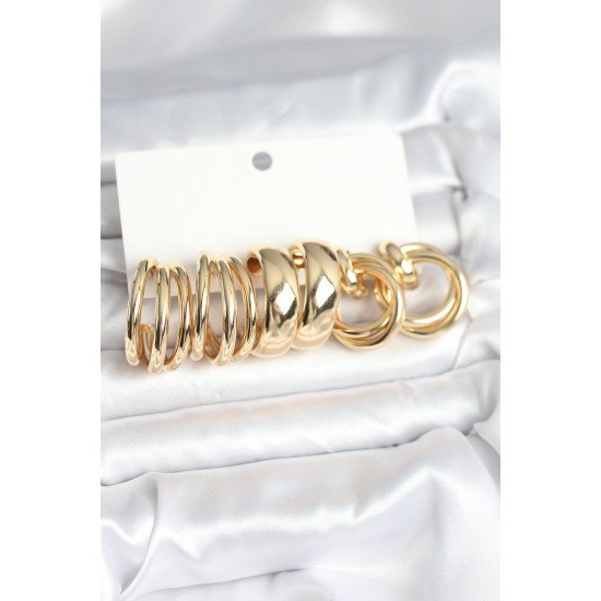 Pirinç Gold Renk 3 Çift Vintage Kadın Küpe Seti