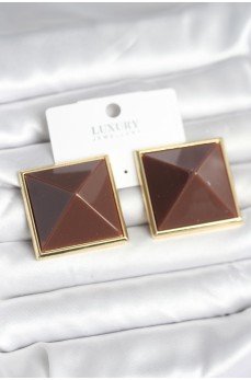 Pirinç Gold Renk Kahverengi Piramit Model Kadın Küpe