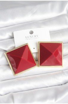 Pirinç Gold Renk Bordo Piramit Model Kadın Küpe