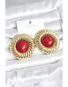 Pirinç Gold Renk Bordo Boncuklu Vintage Kadın Küpe