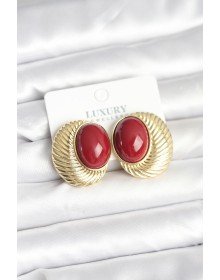 Pirinç Gold Renk Bordo Boncuklu Oval Vintage Kadın Küpe