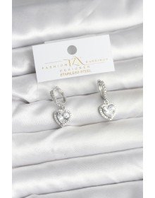 Pirinç Gümüş Renk Zirkon Taşlı Kalp Model Kadın Küpe