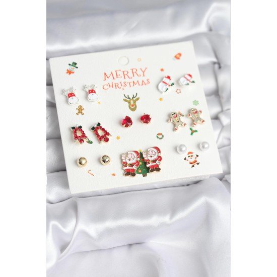 Yılbaşı Temalı Karışık Model 8 Çift Yılbaşı Temalı Kadın Küpe Seti