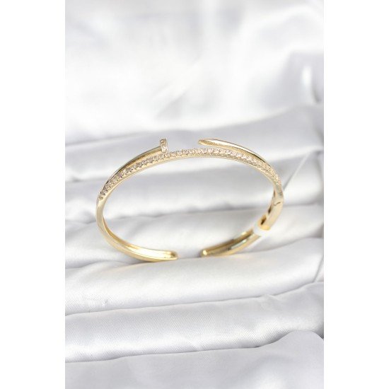 Pirinç Gold Renk Zirkon Taşlı Çivi Model Kadın Kelepçe Bileklik Pirinç Gold Renk Zirkon Taşlı Çivi Model Kadın Kelepçe Bileklik