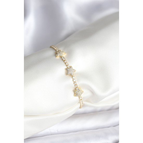 Yıldız Model Zirkon Taşlı Gold Renk Pirinç Su Yolu Kadın Bileklik