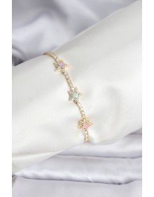 Renkli Yıldız Model Zirkon Taşlı Gold Renk Pirinç Su Yolu Kadın Bileklik