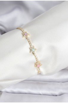 Renkli Yıldız Model Zirkon Taşlı Gold Renk Pirinç Su Yolu Kadın Bileklik