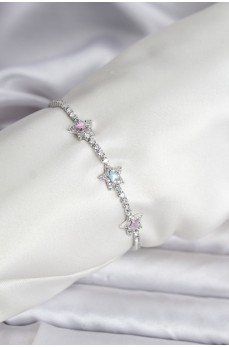 Renkli Yıldız Model Zirkon Taşlı Gümüş Renk Pirinç Su Yolu Kadın Bileklik