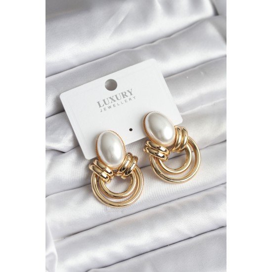 Pirinç Gold Renk İncili Vintage Kadın Küpe