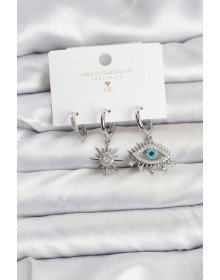 Göz Model Gümüş Renk Pirinç 3'lü Kadın Küpe Seti