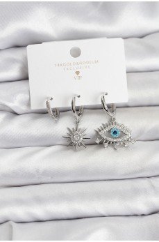 Göz Model Gümüş Renk Pirinç 3'lü Kadın Küpe Seti