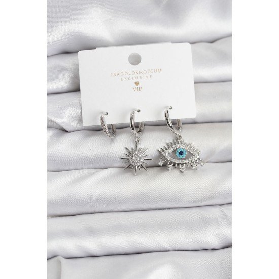 Göz Model Gümüş Renk Pirinç 3'lü Kadın Küpe Seti