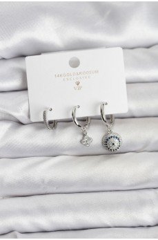 Nazar Model Gümüş Renk Pirinç 3'lü Kadın Küpe Seti