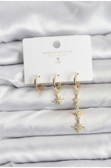 Kutup Yıldızı Model Gold Renk Pirinç 3'lü Kadın Küpe Seti