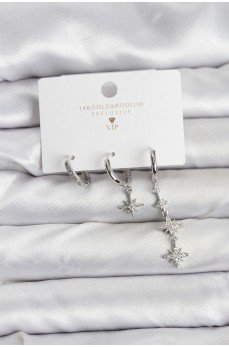 Kutup Yıldızı Model Gümüş Renk Pirinç 3'lü Kadın Küpe Seti